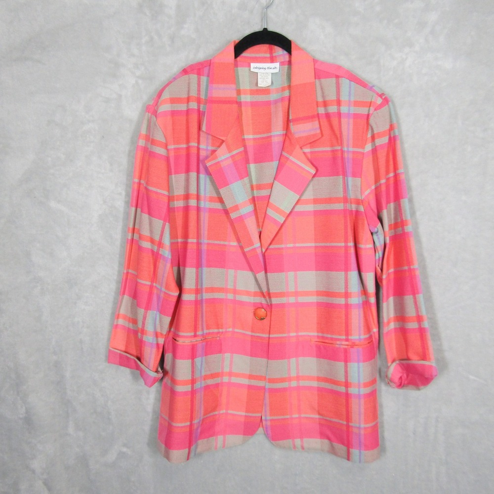 Intriguing Threads Plaid Blazer Vintage Coral Pink Gray Career Casual Jacket